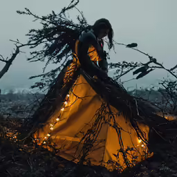 a person standing under a tent covered in barbed wire