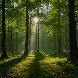 sun rays shining through the trees in a lush green forest
