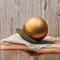 an orange on a napkin next to wooden planks