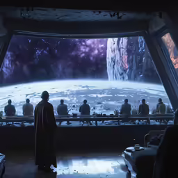 a man looking out the window at some people in a spaceship