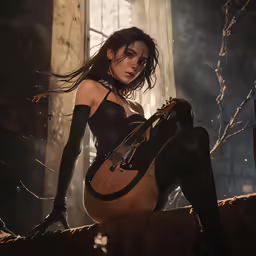 a woman in a lingerie sitting on a wall next to a window