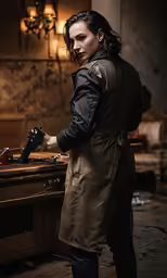 a man that is in a jacket and a counter