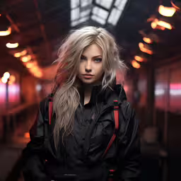 a woman is posing in a train station,a woman with blonde hair standing in an empty train