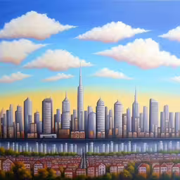 a city skyline, with buildings and a river,the painting shows a huge city over water,there is a picture with the city and river,a painting of a city with tall buildings and the water below it,a painting of a city with skyscrapers painted in the style of cubism