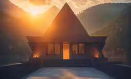 the sun is setting behind a home that has three triangular shaped windows and stairs