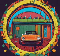 a yellow car parked on the front of a house,a poster of an orange car is in a garage