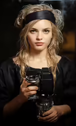 a woman with blond hair holding a camera