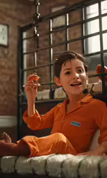 a boy is eating something off the bed