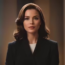 the mental killer julia silver in a black suit with shoulder length hair