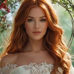 a woman with red hair and an off - the - shoulder dress