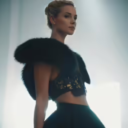 a woman with a fur stole on standing in front of the camera