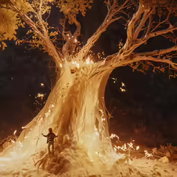 the man standing next to the big tree has his head on his shoulders, and the fire is lit