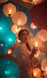 a woman standing in front of lanterns