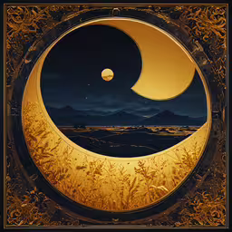 a crescent with an artistic depiction inside of it,the golden painting is a half moon eclipse