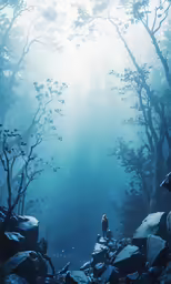 a person standing in the woods by some rocks