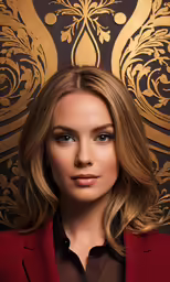 a beautiful blond woman wearing a red jacket