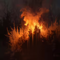 an image of a forest fire blazing at night