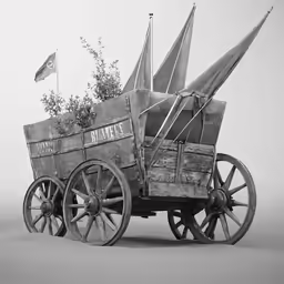a old wagon with a flag is loaded