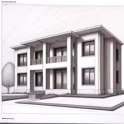 an architectural rendering of a two story apartment,an image of two story building on an area with trees