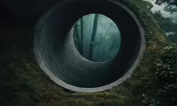 a futuristic looking tunnel going into a forest