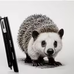 the large hedgehog stands next to the black marker