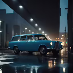 a blue mini van parked on a rainy street