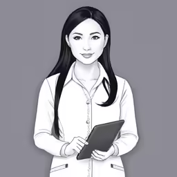a young woman in white holding a black notebook