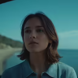 a woman in a denim shirt staring out the window