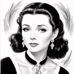 a drawing of an old fashion woman in black and white