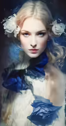 a woman with long white hair wearing a blue and white dress