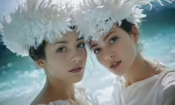 two asian women dressed in white, with feather hat