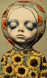 a painting of a child with sunflowers and a hoodie