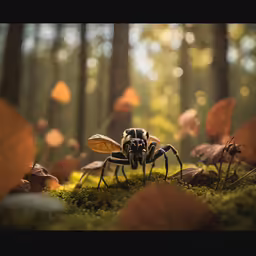 an insect in a forest with moss and leaves