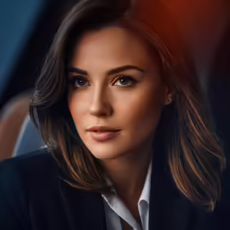 a close up photo of a woman in black jacket and white shirt
