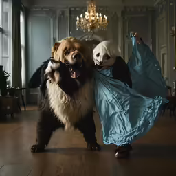 a dog standing next to a person in a costume