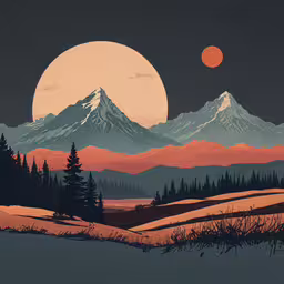 the mountains are covered with snow and the sun is rising,a painting of the mountains is in pink and blue