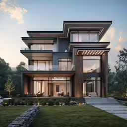 a big house is in the sunset with grass and trees