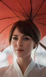 a woman with brown hair wearing white is holding a red umbrella