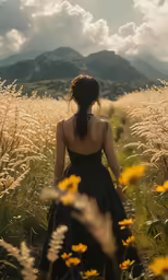 a woman walking through tall grass with mountains in the background