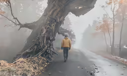 a man in a yellow jacket is walking on the road