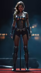 a woman dressed in a dark suit with long gloves