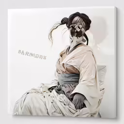 an oriental geisha woman sitting on top of a bed