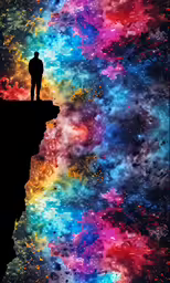 a man stands at the edge of a cliff to look out over the colorful sky