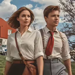 the young couple is dressed in their dress clothes and tie