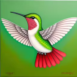 the bird has long wings with red, white, and green wings,a painting of a green hummingbird with red wings