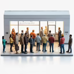 a group of people in a line standing in front of a window