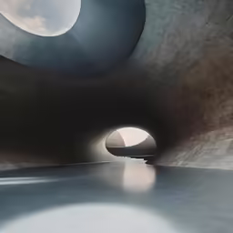 an empty hallway with three round windows that are very large