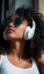 woman listening to music on white headphones