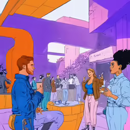 an artist sketched a scene in a city setting, with a man and a woman speaking
