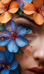 the face of a woman with flowers all over her body